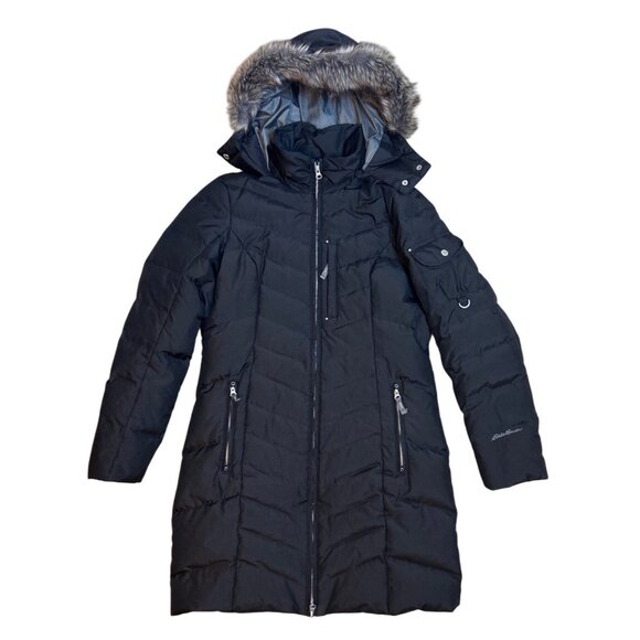 Eddie Bauer Women’s S Black Long Down Quilted Puffer Jacket Parka Faux Fur Hood - Picture 13 of 13